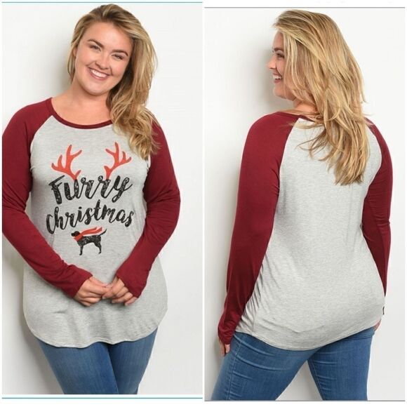 Tops - Christmas Furry Christmas Raglan Sleeve Plus Size Tshirt
